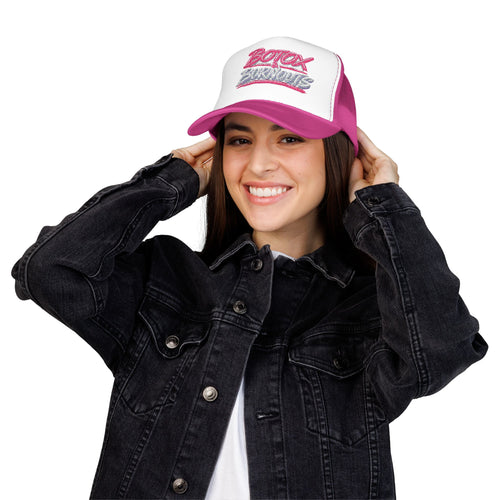 Botox Burnouts Pink Trucker Hat — Retro Script Foam Mesh Cap