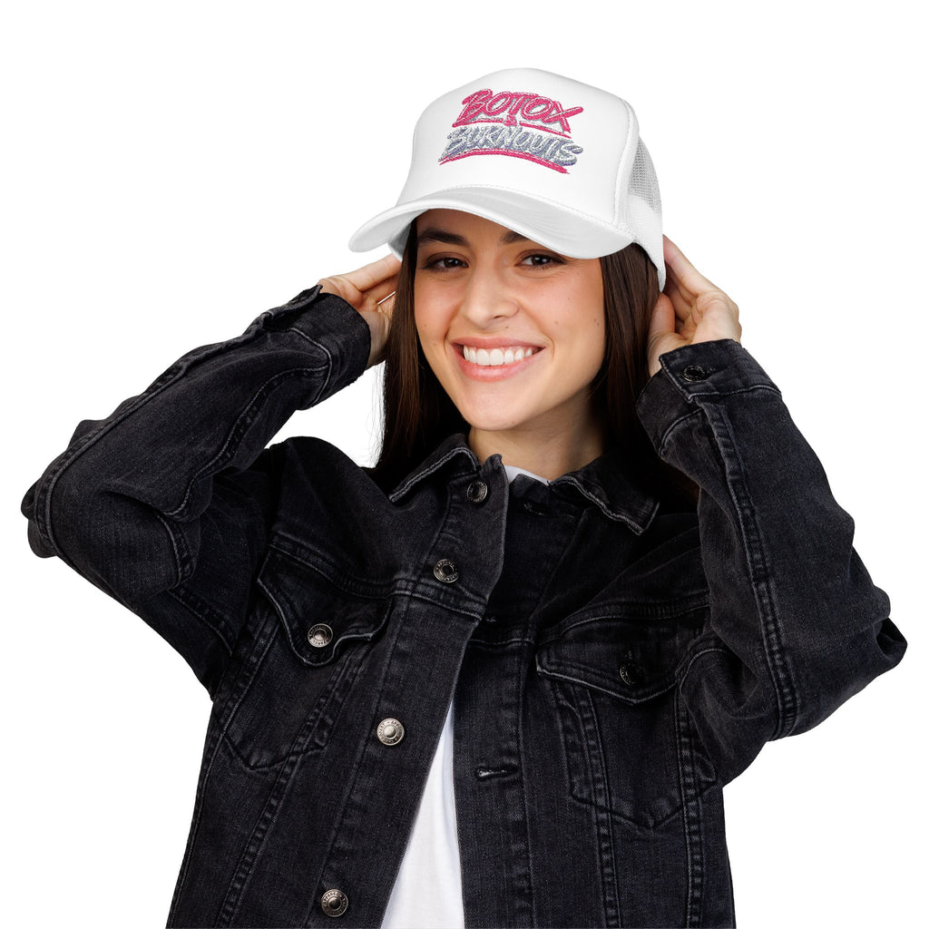 Botox Burnouts Pink Trucker Hat — Retro Script Foam Mesh Cap