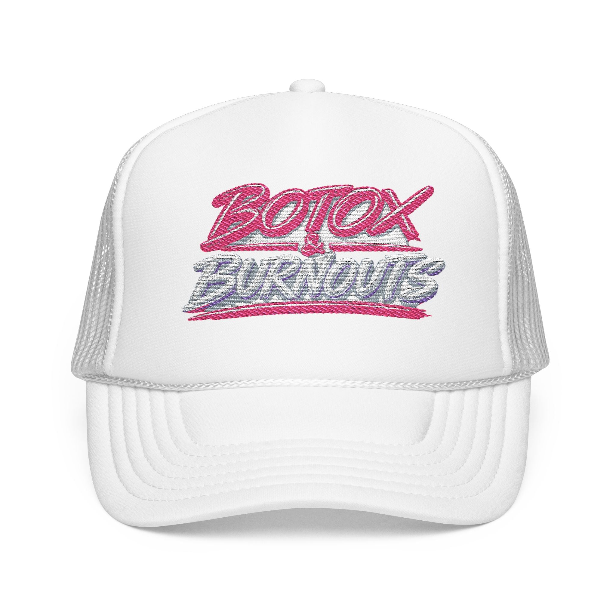 Botox Burnouts Pink Trucker Hat — Retro Script Foam Mesh Cap