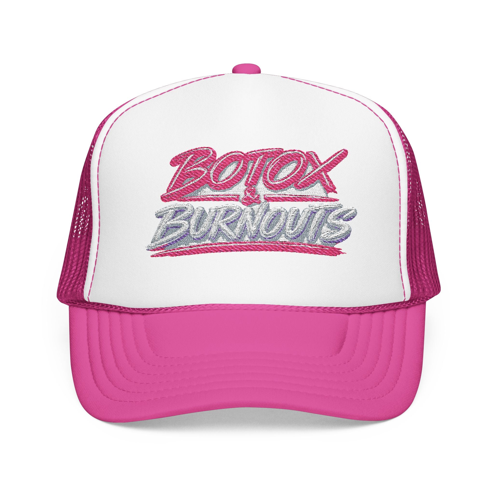 Botox Burnouts Pink Trucker Hat — Retro Script Foam Mesh Cap